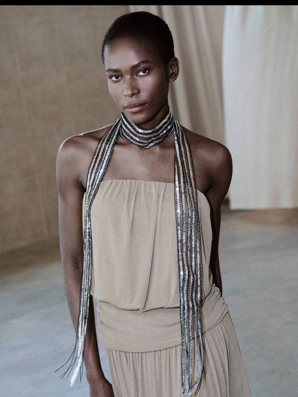 Sequin Fringe Scarf in Champagne Beige - Designer Look
